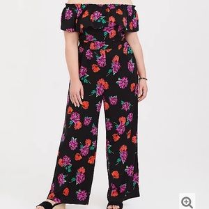 Black floral off the shoulder challis jumpsuit
